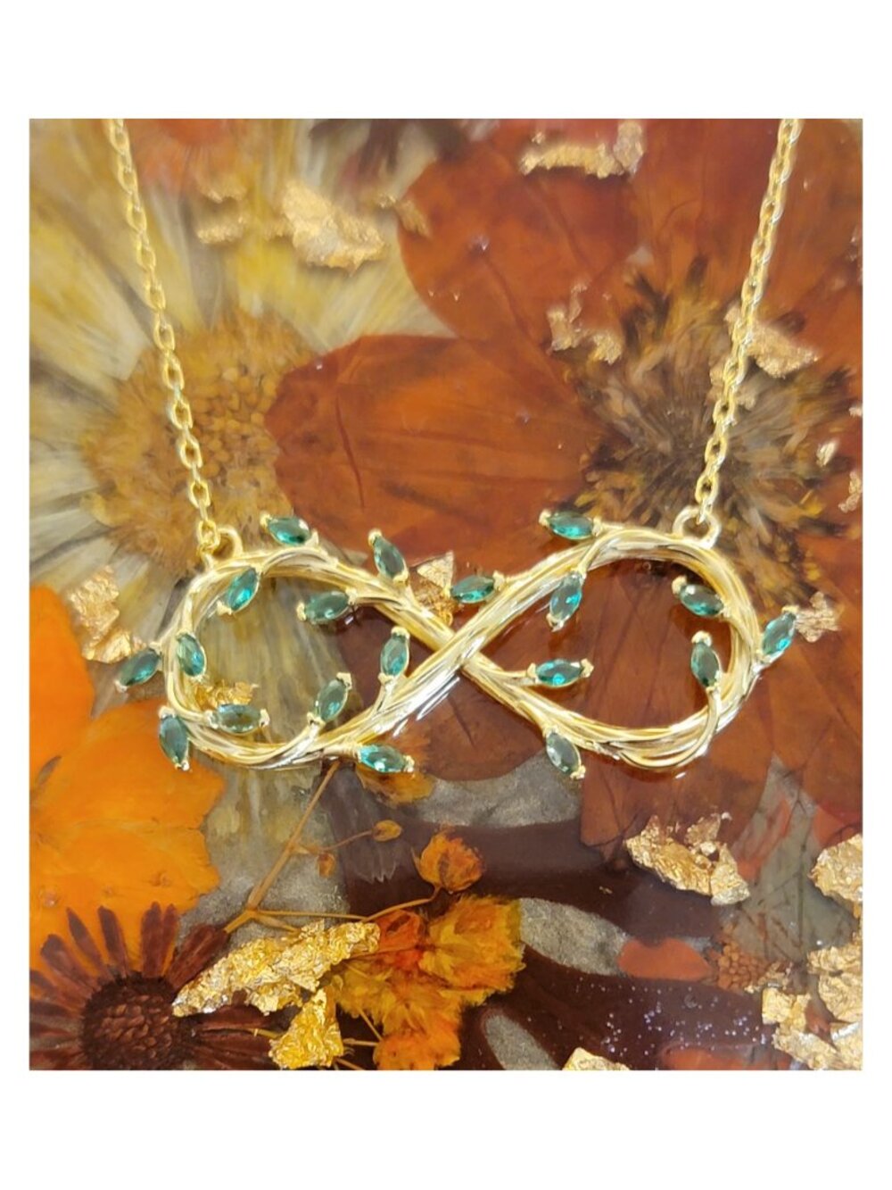 Green CZ Leaf Vine Infinity Necklace 925 Sterling Silver 18K Gold Plated NWT
